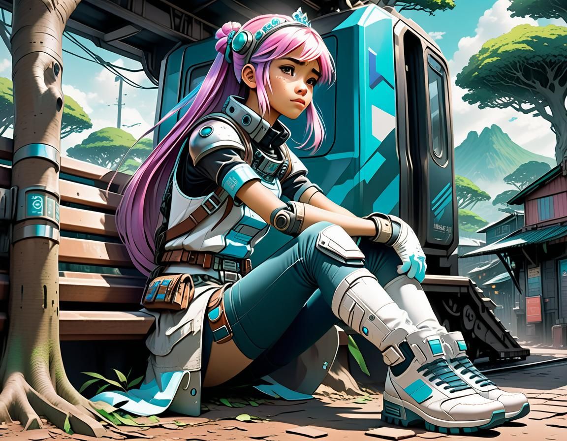 Weary Biopunk Princess in Crowded Station, Manga Style