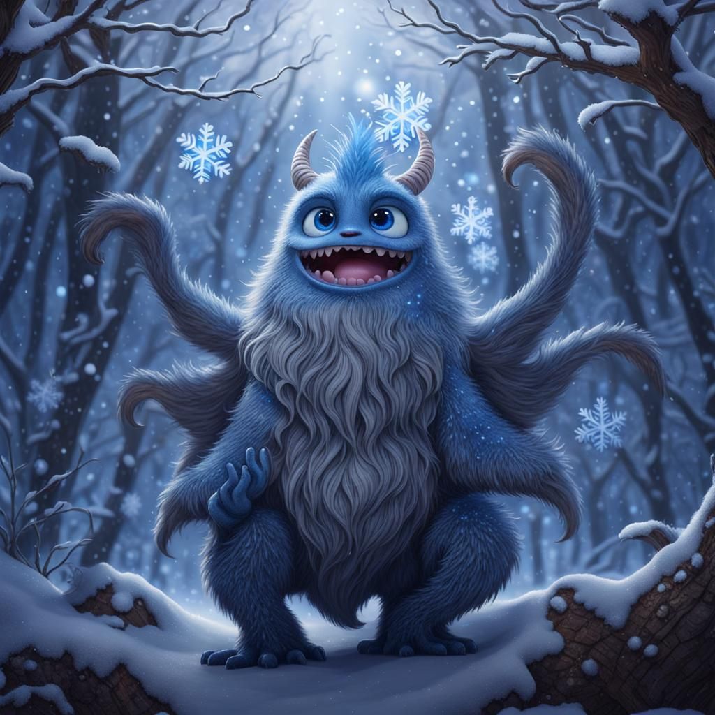 Cute Monster in Pixar Style with Snowy Winter Ambiance