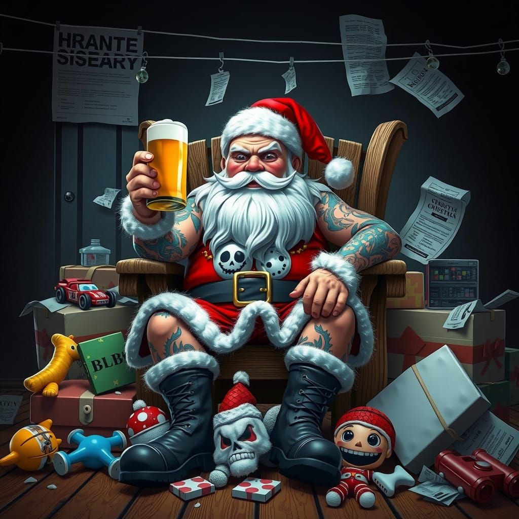 Tatted Up Santa Claus Sits Amidst Christmas Chaos