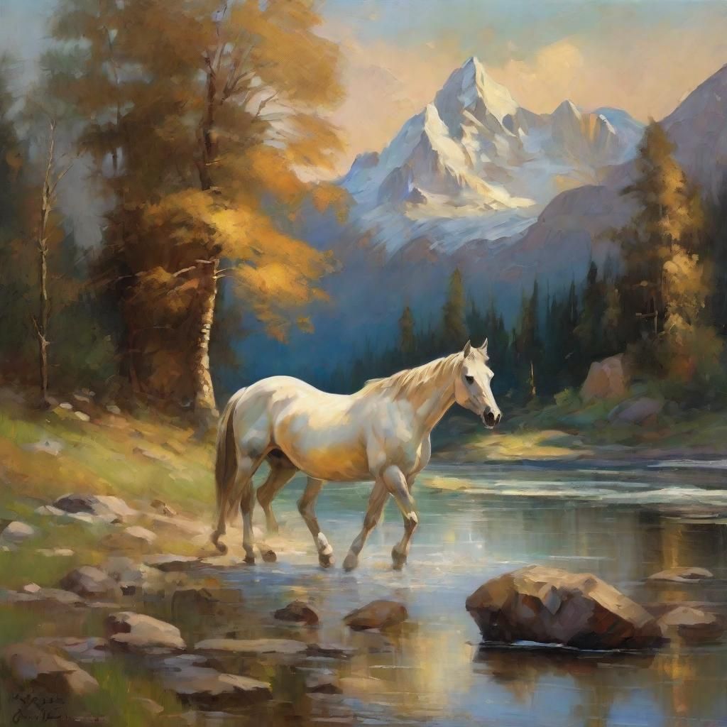 Baroque Painting: Horse Crossing Crystal River Meadow