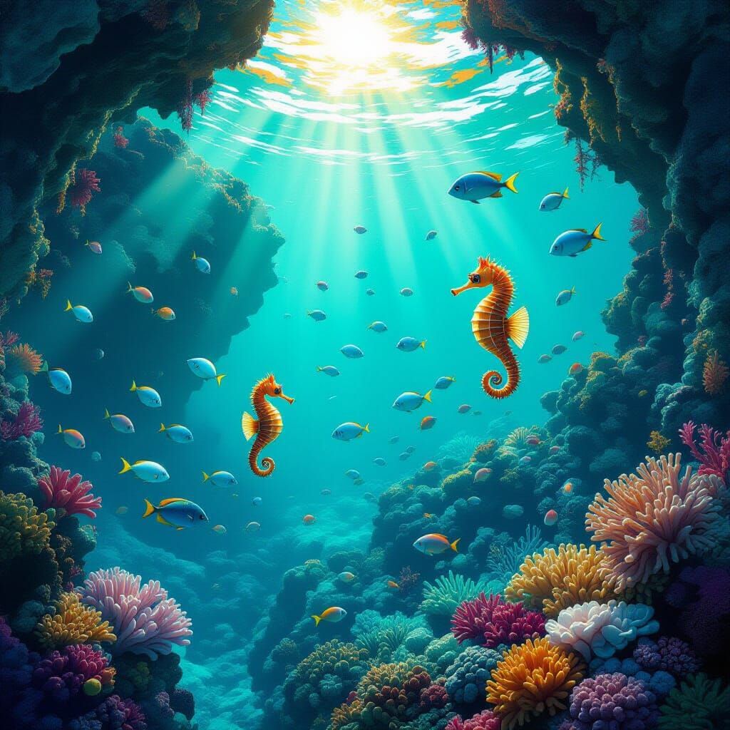 Coral Reef Fantasy: Iridescent Fish and Sunlight