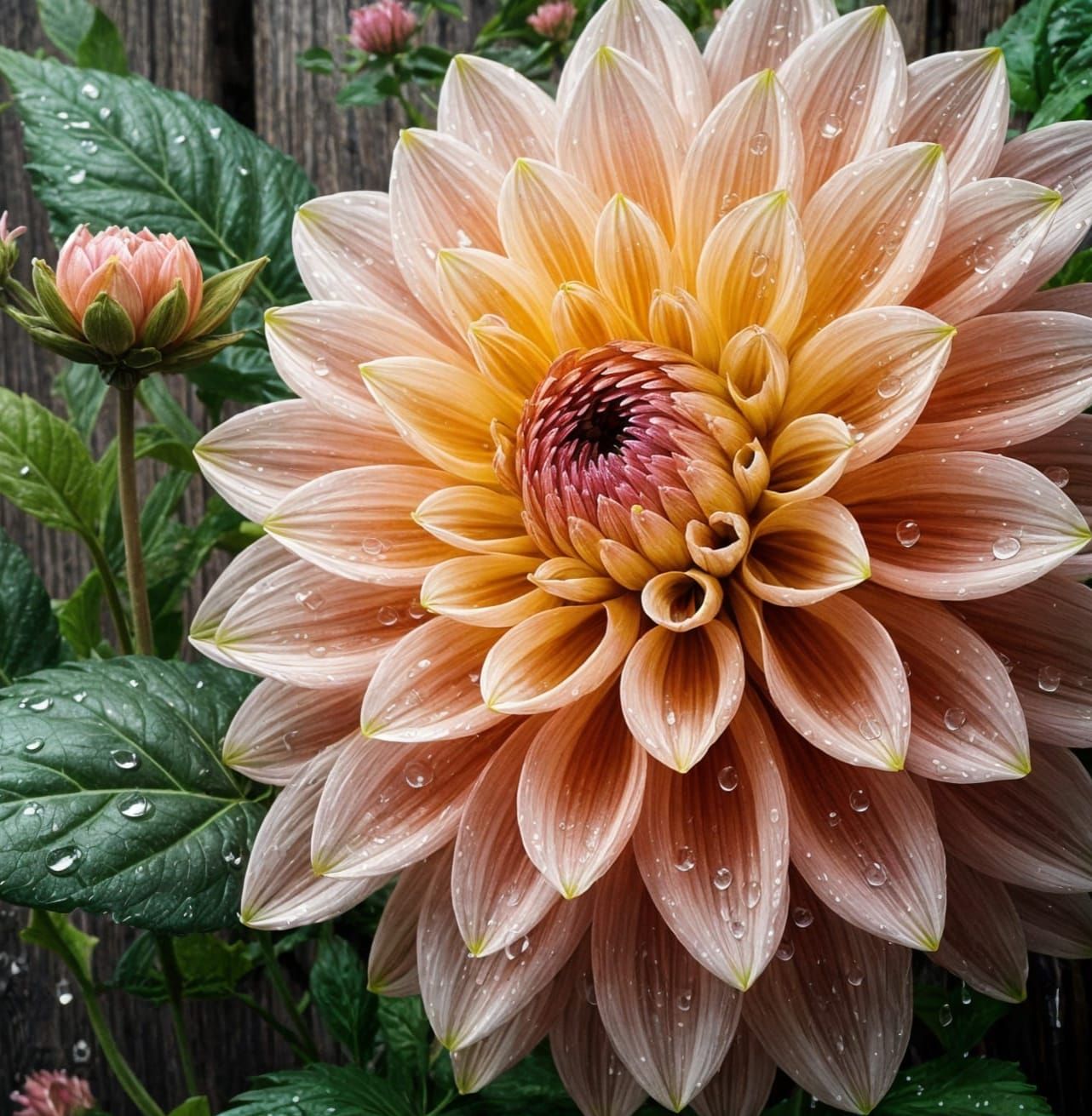 Surreal Dahlia Blooms on Weathered Wooden Wall in Rainy Ligh...