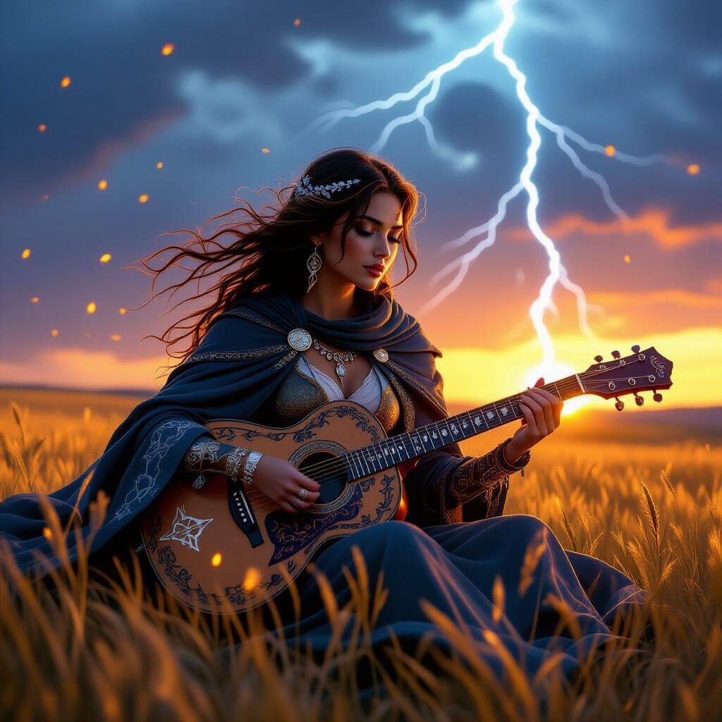 Bard Woman Plays Rune Guitar in Windswept Field at Sunset