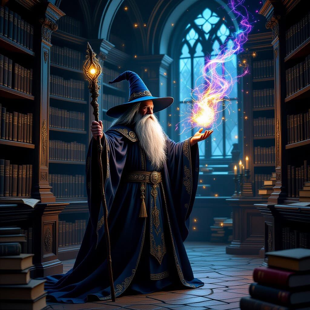 Wizard Conjuring Magic in Ancient Library