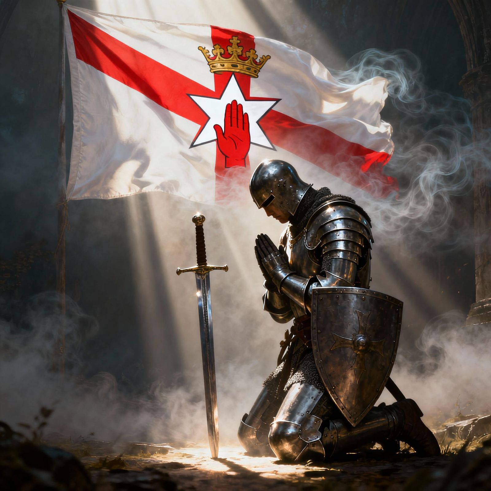 Knight in Prayer with Ulster Flag, Epic Fantasy Art