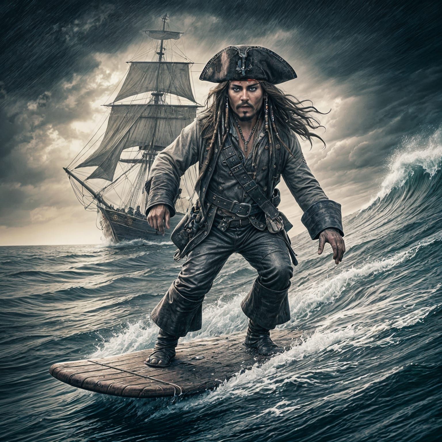 Captain Jack Sparrow Rides the Stormy Seas in a Cyberpunk Hy...