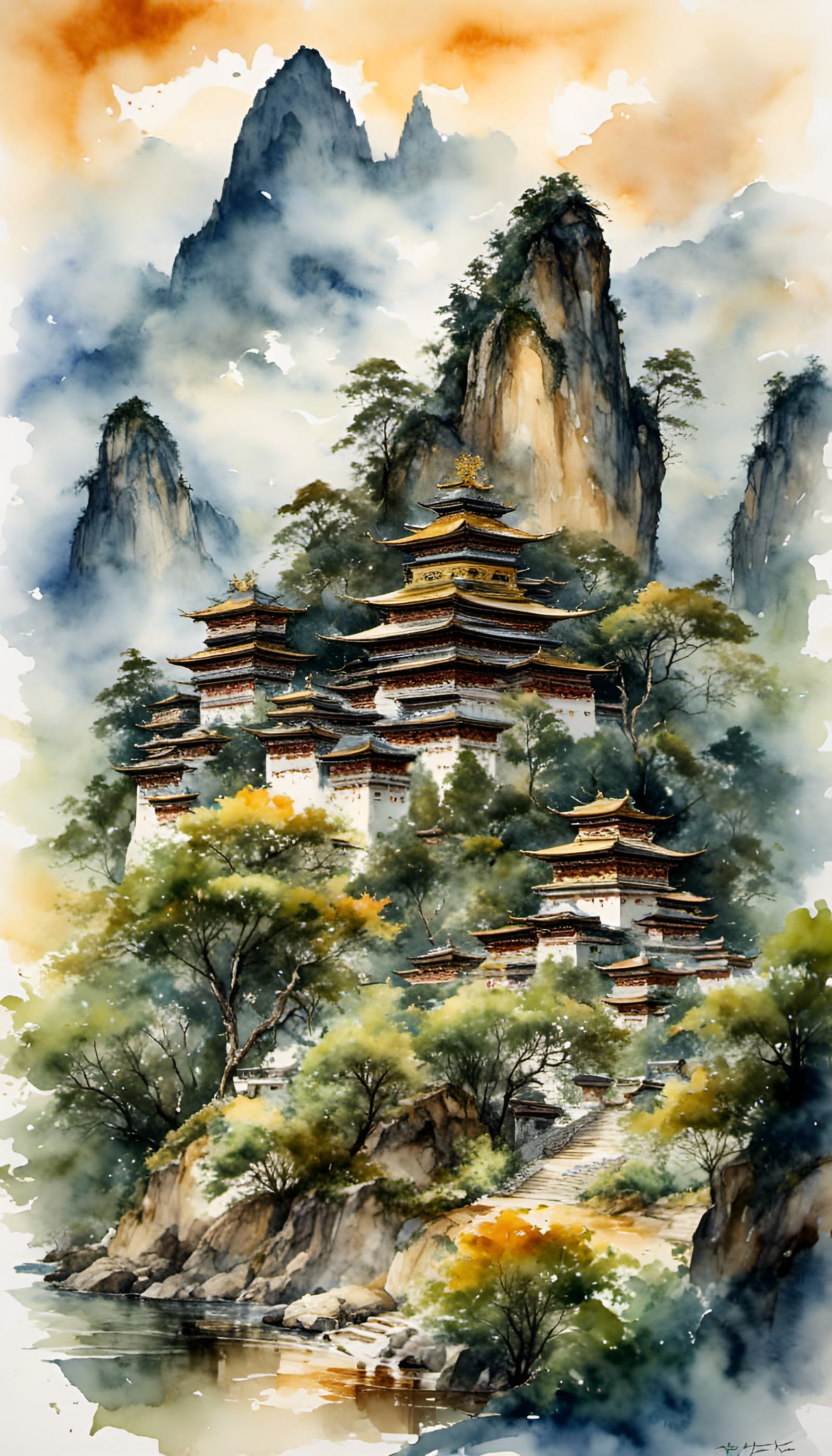 Bhutan's Taktshang Monastery as Impasto Gouache Painting