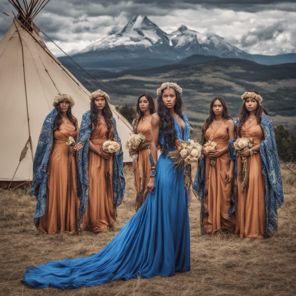 Indigenous Bride with Bridesmaids in Mountain Landscape