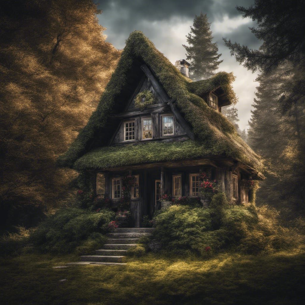 Hyperrealistic Cottage in Atmospheric Forest Scene