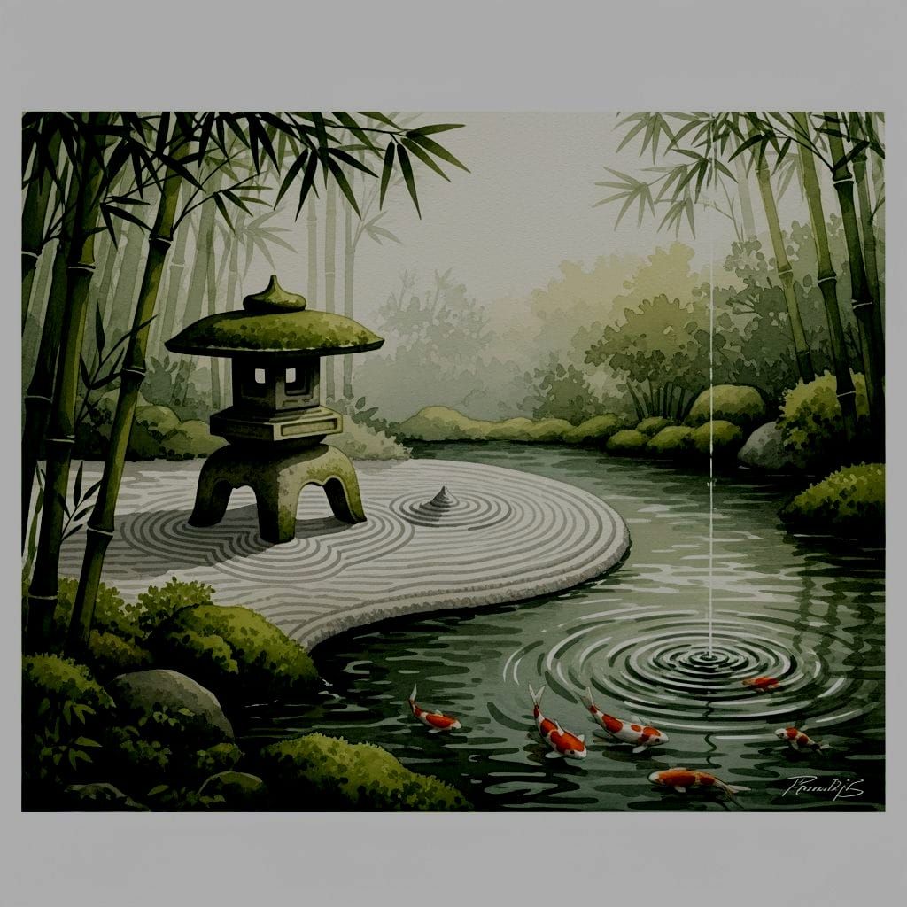 Serene Japanese Garden Watercolor Painting