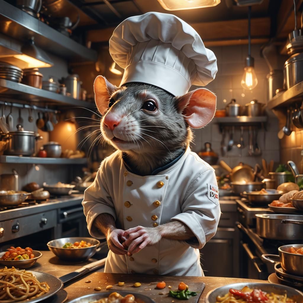 Cartoon Rat Chef in Parisian Kitchen, Fantasy Art