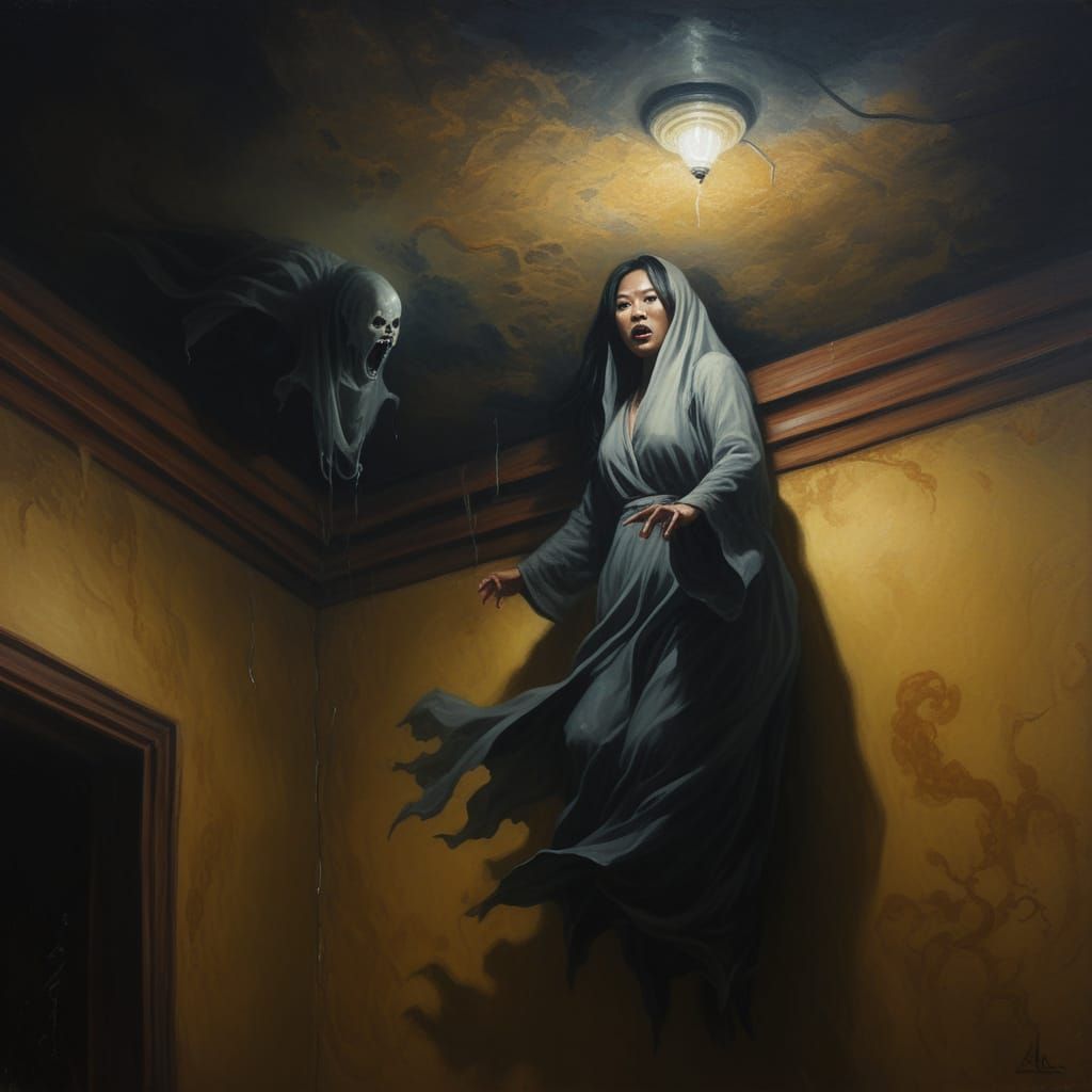 Creepy Ghost in Dark Room Oil Painting