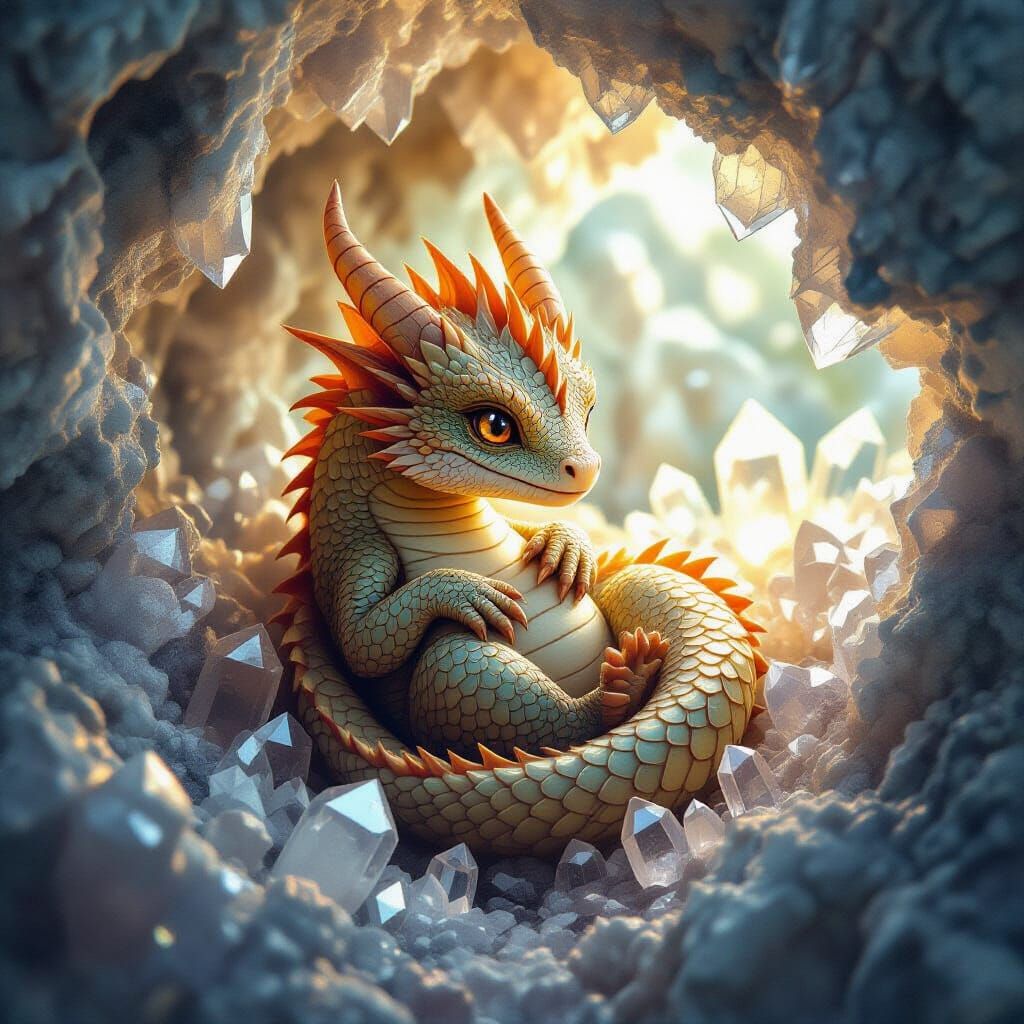 Baby Dragon Curled in Crystalline Geode