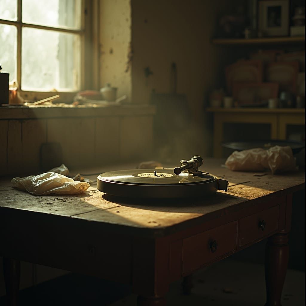 Nostalgic Film Still of Vintage Record Turntable in Dimly Li...