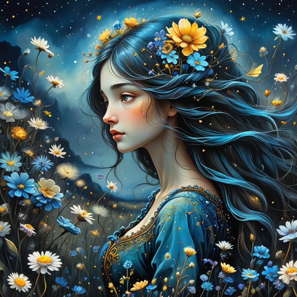 Fantasy Flower Field Portrait in Digital Art Style