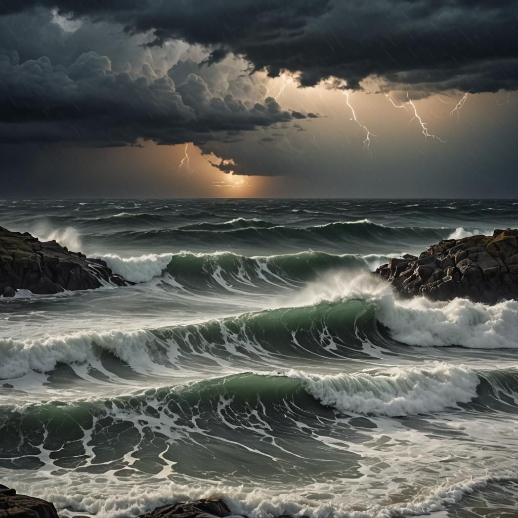 Dramatic Stormy Sea Under a Starry Night