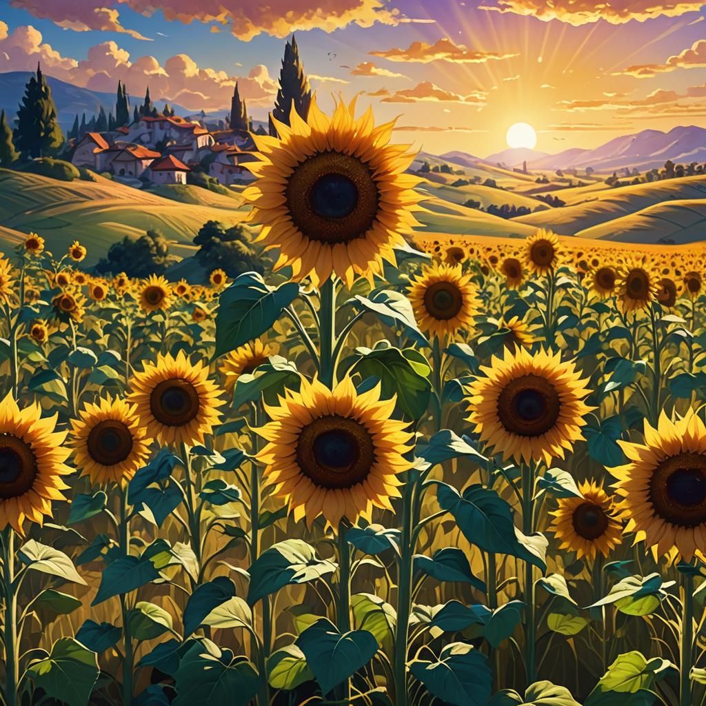 Golden Sunflowers in Fantasy Landscape: Matte Painting
