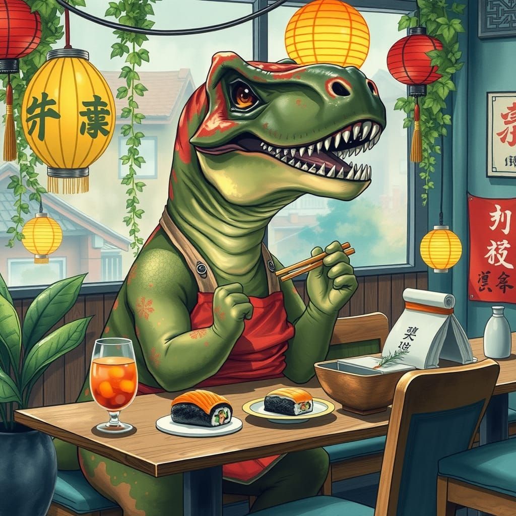 T-Rex Enjoys Sushi: Watercolor Pop Art