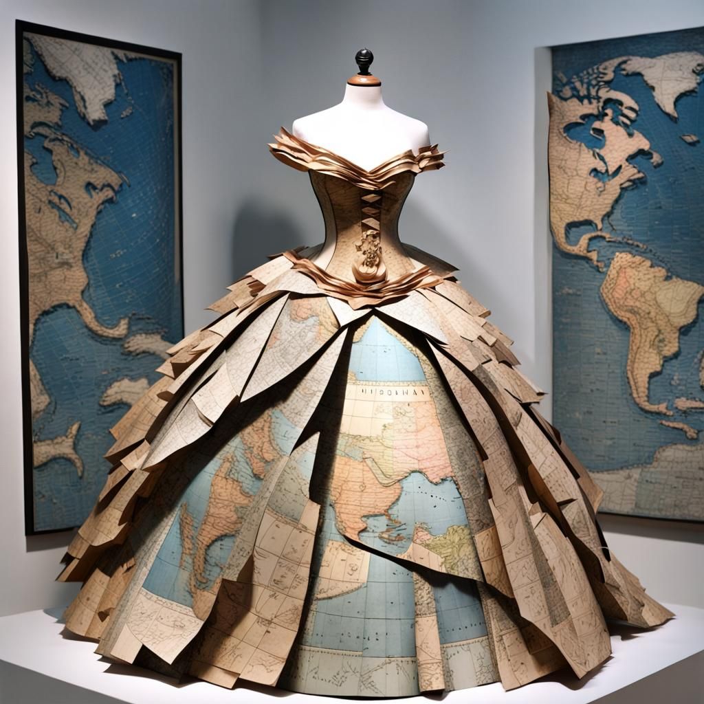 Fine Art Collage :: (Victorian Ball Gown made of Paper, 1:4) :: Ripped Paper Edges :: (Old World Maps, 1:3) :: 3d Layer...