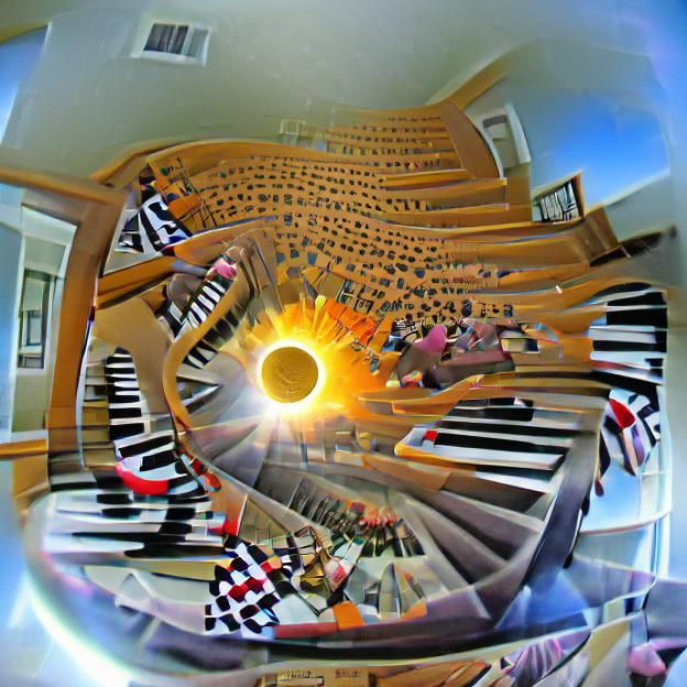 Surreal Staircase: Piano Keys and Checkerboard in Fisheye