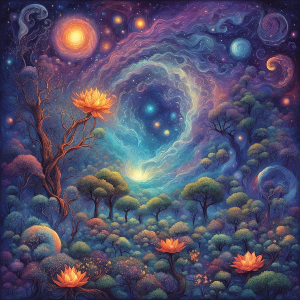 Cosmic Astral Illustration of Figure Embracing Sleeping Worl...