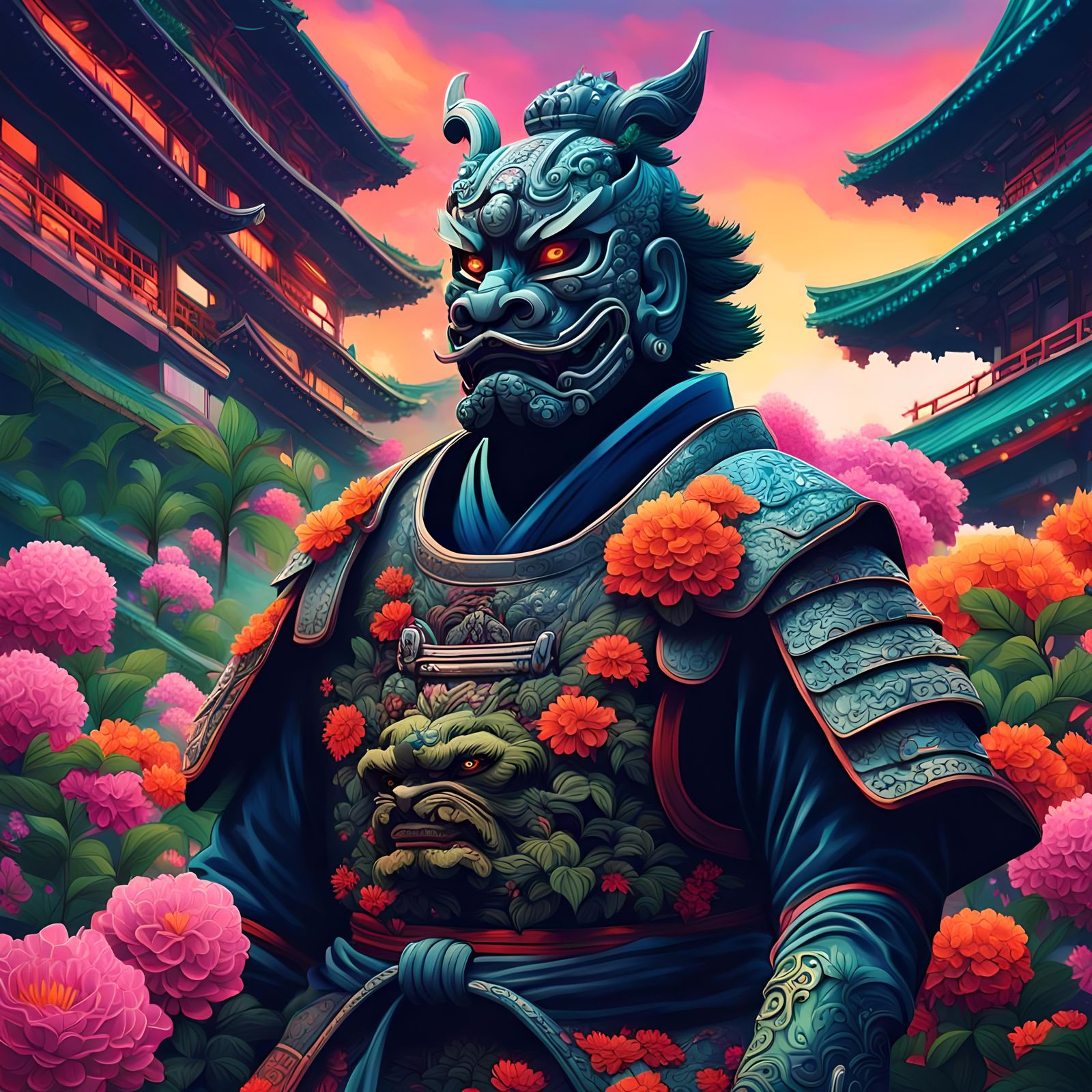 Samurai Warrior in Neon City Jungle