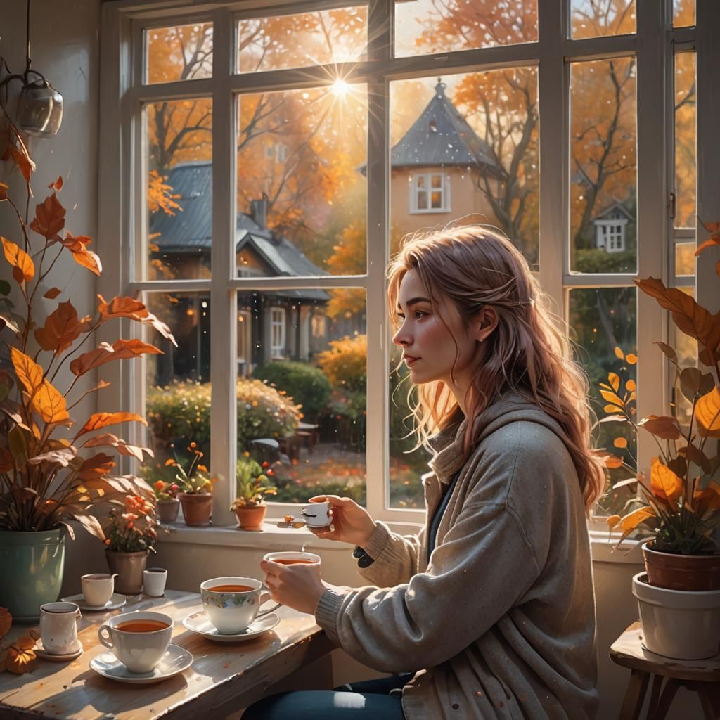Cozy Autumn Day: Young Woman with Tea