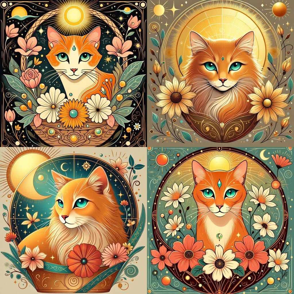 Sunlit Orange Cat with Flowers in Realistic Style