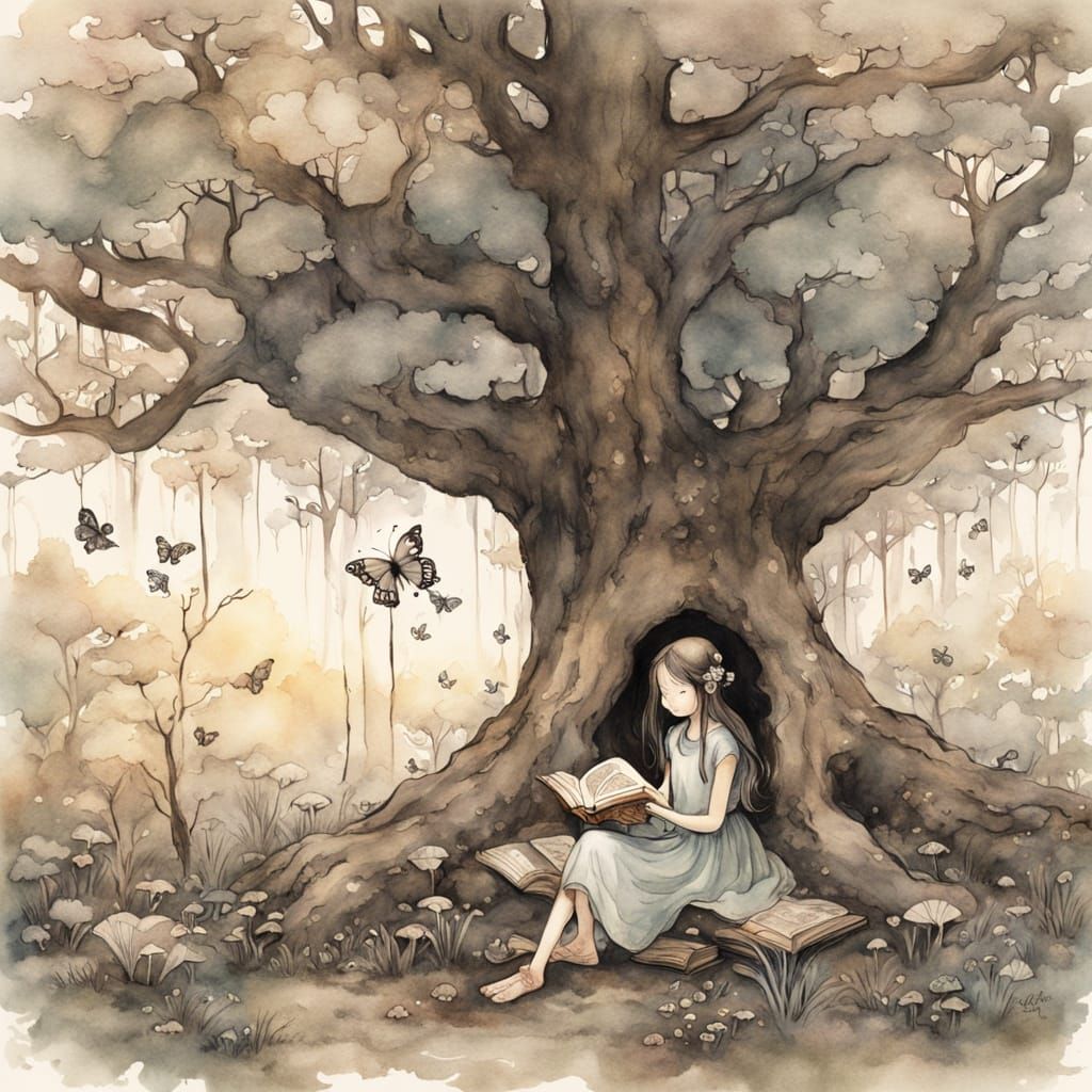 Girl Reading Under Ancient Tree in Enchanted Forest