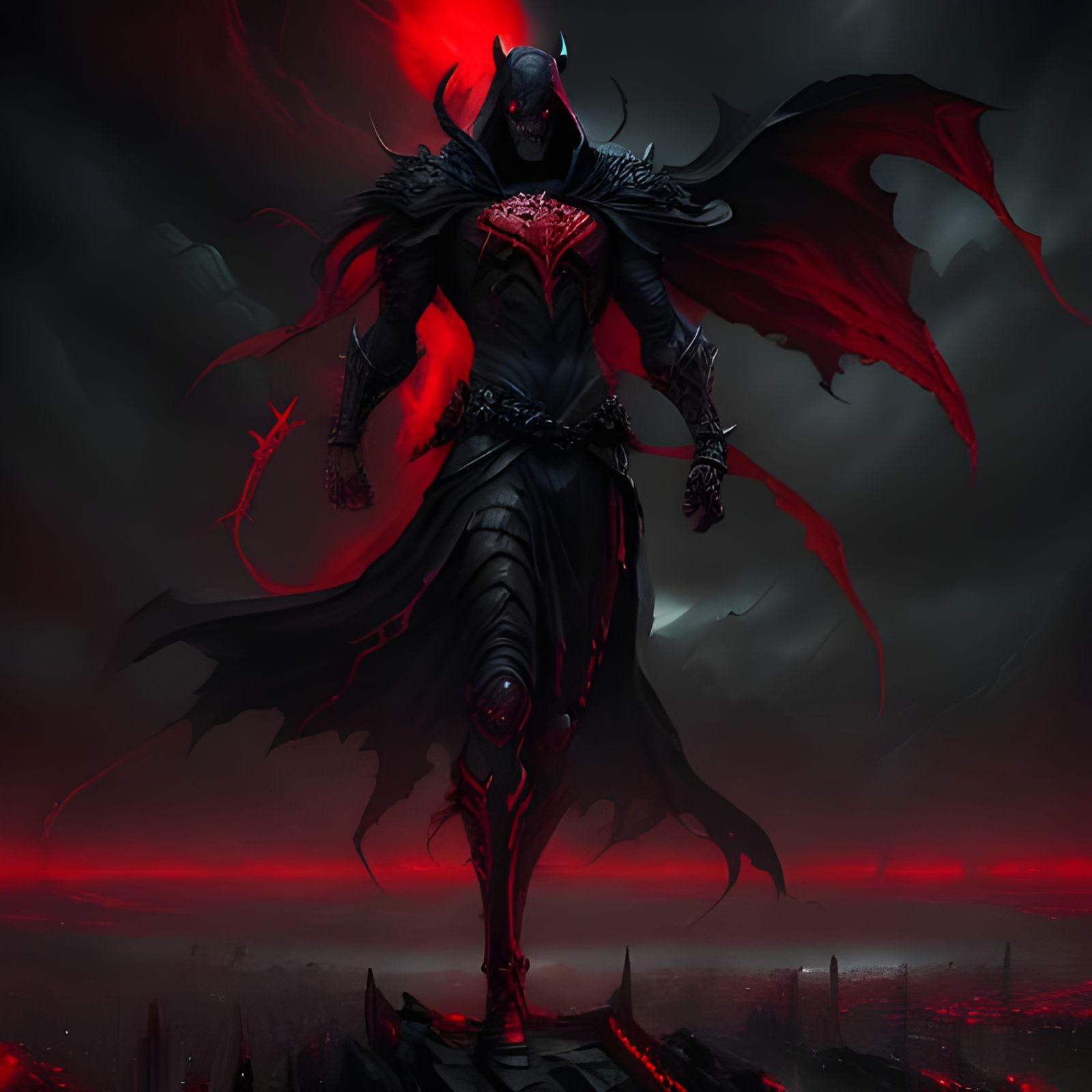 Villain in Red and Black Cityscape, Detailed Digital Art