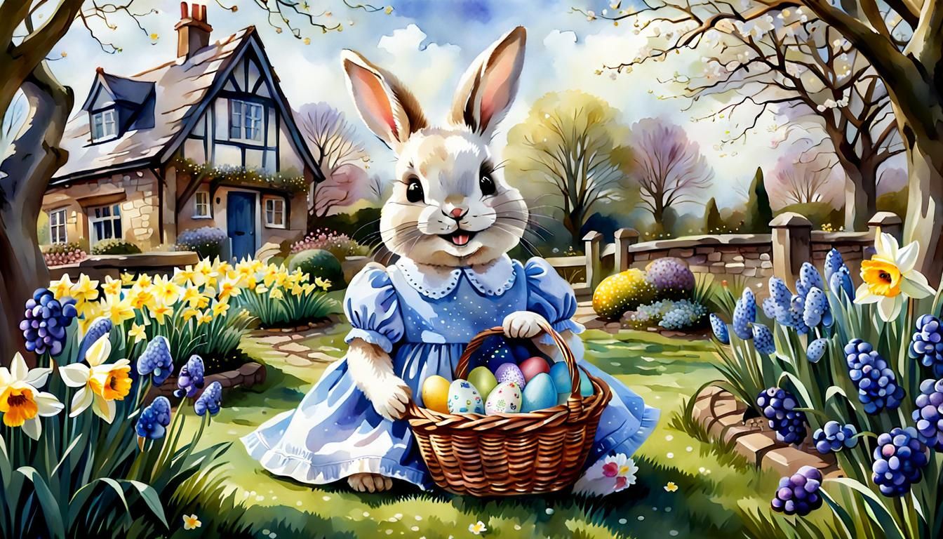 Cute Easter Bunny in Spring Garden Watercolor