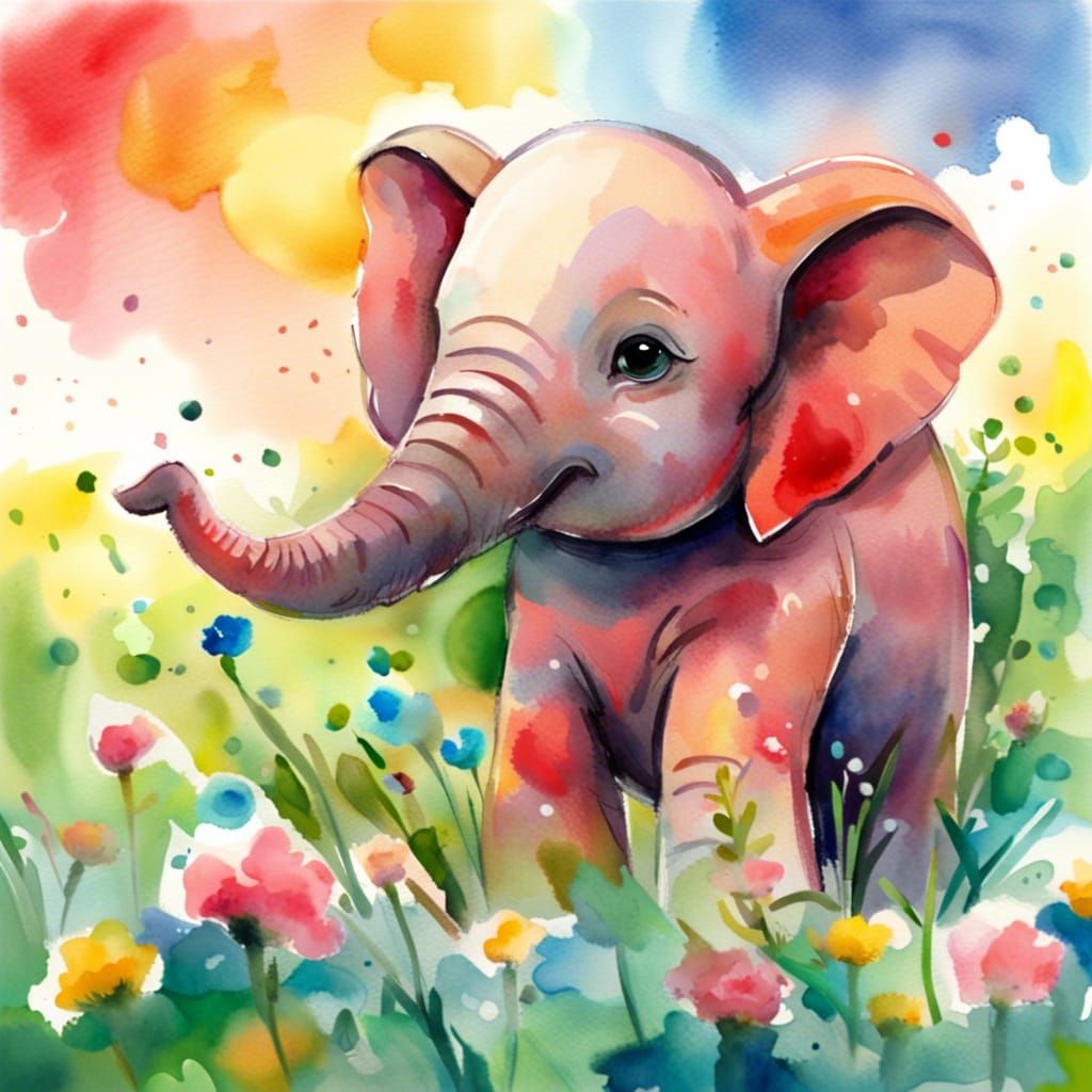 Chibi Elephant in Flowered Field: Gouache Watercolor