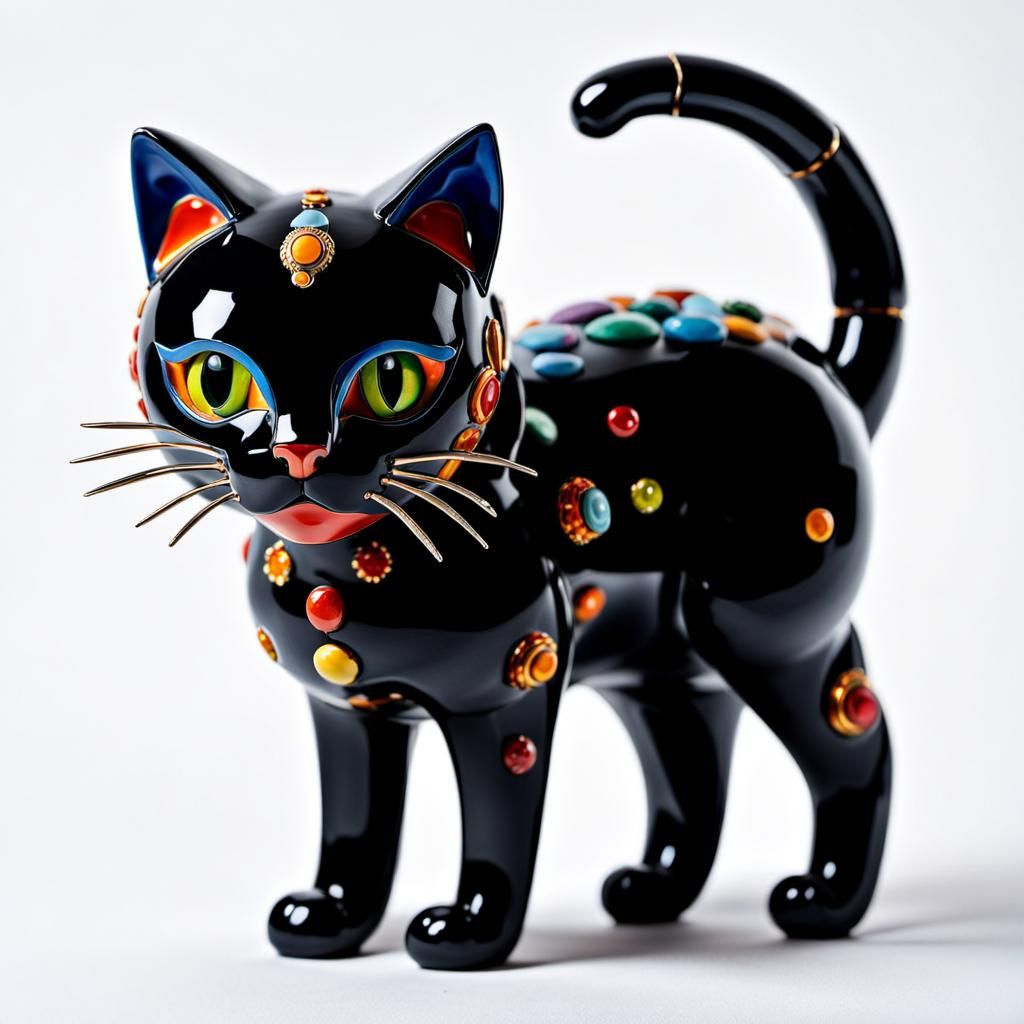 Robotic Cat Ceramic Sculpture in Splash Art Style