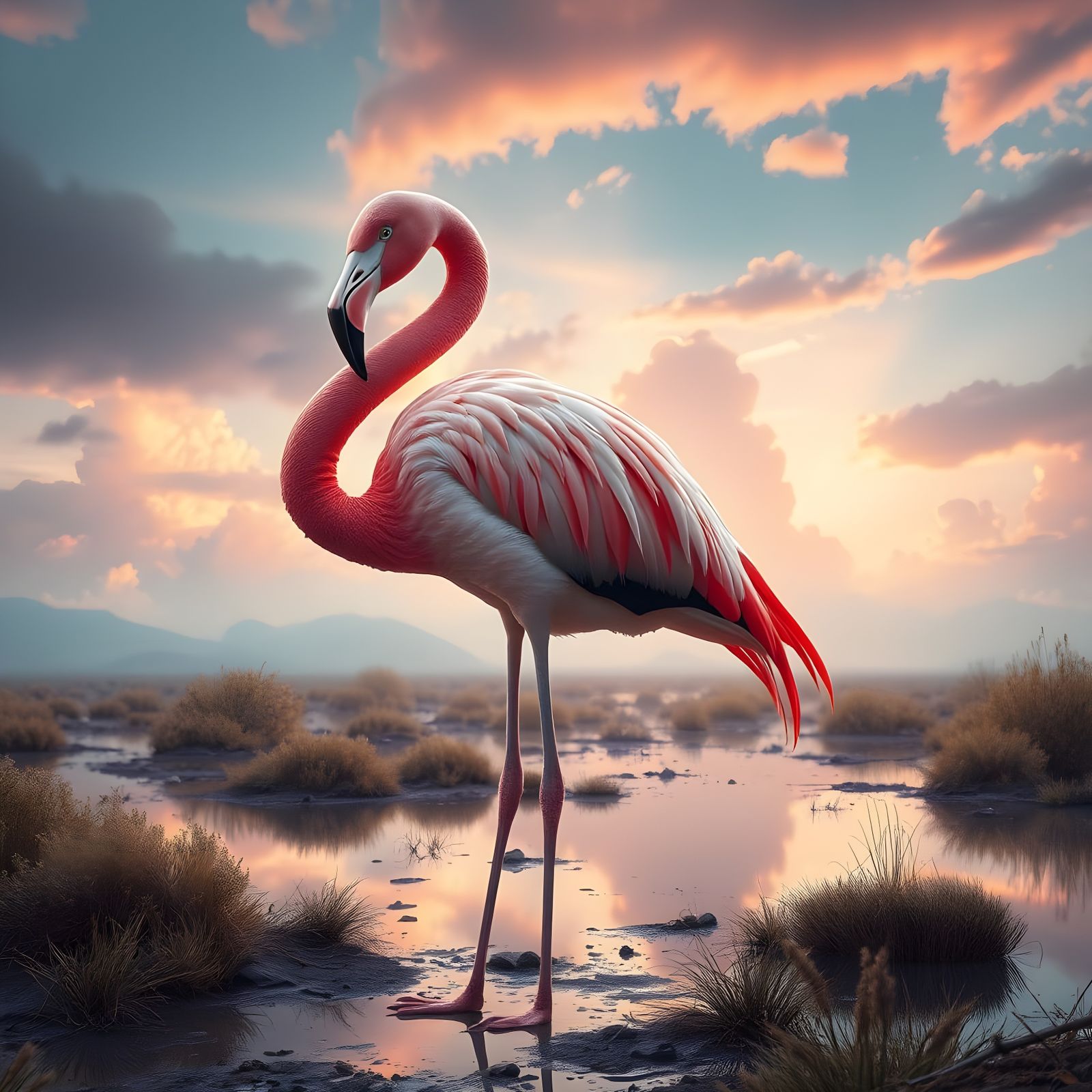 Magnificent Flamingo Wire Sculpture in Spectral Landscape