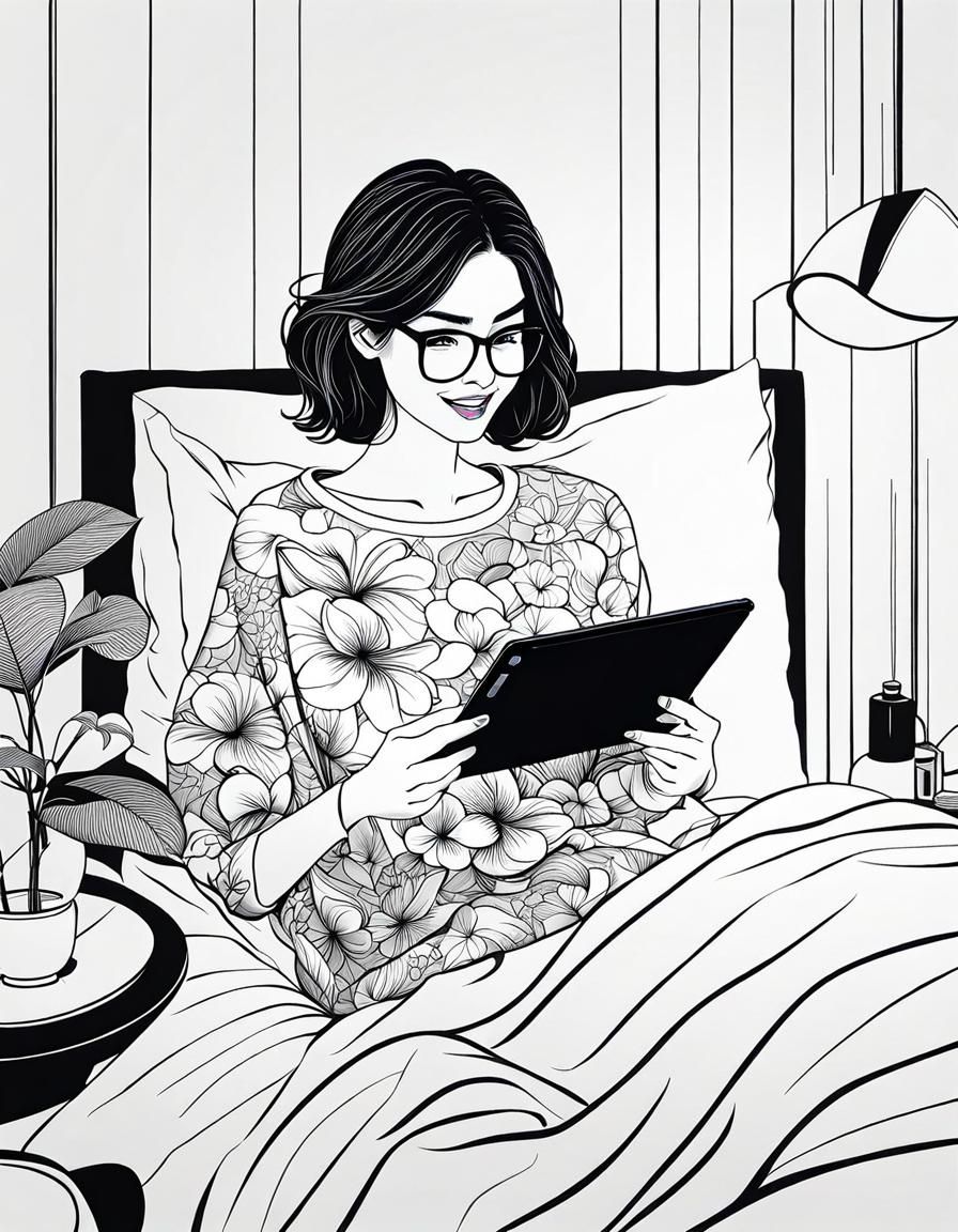 Woman Reading Tablet in Bed as Ink Line Art