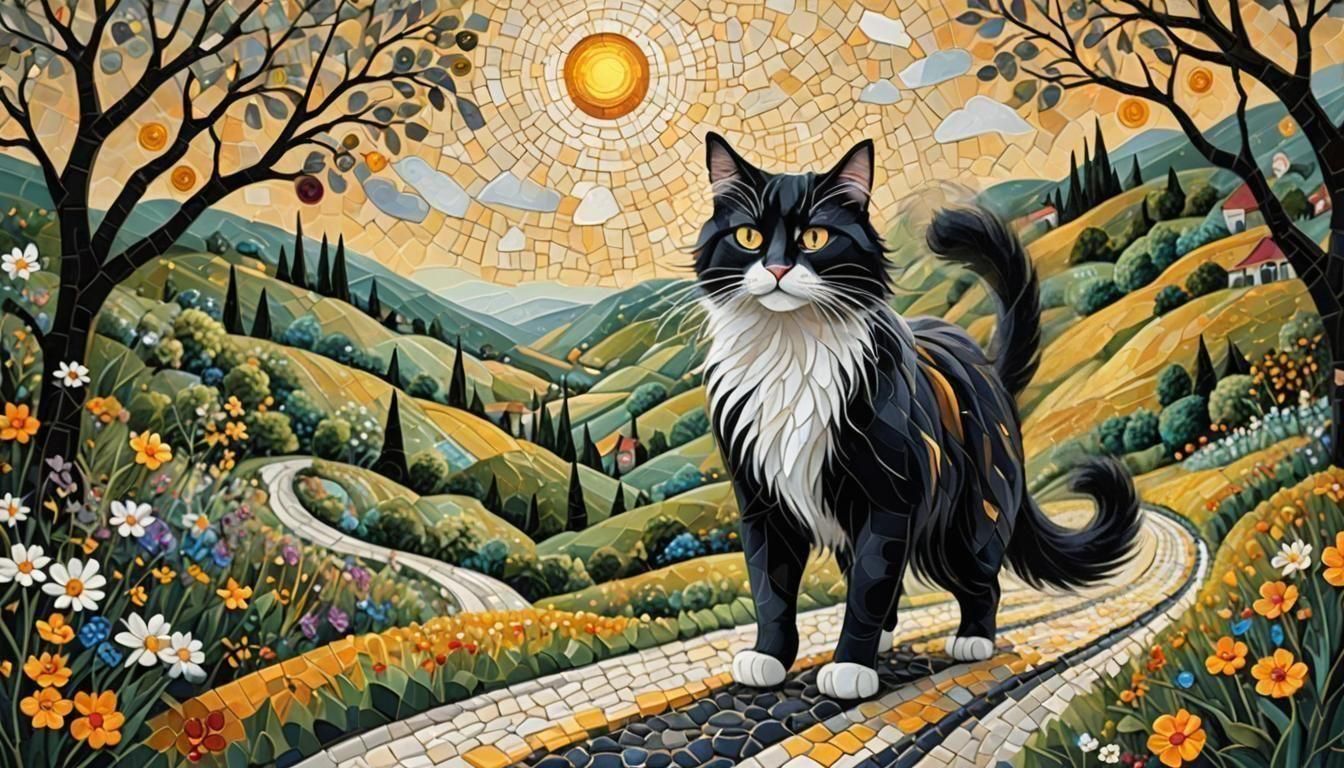 Whimsical Long-Haired Cat in Impressionistic Mosaic Style