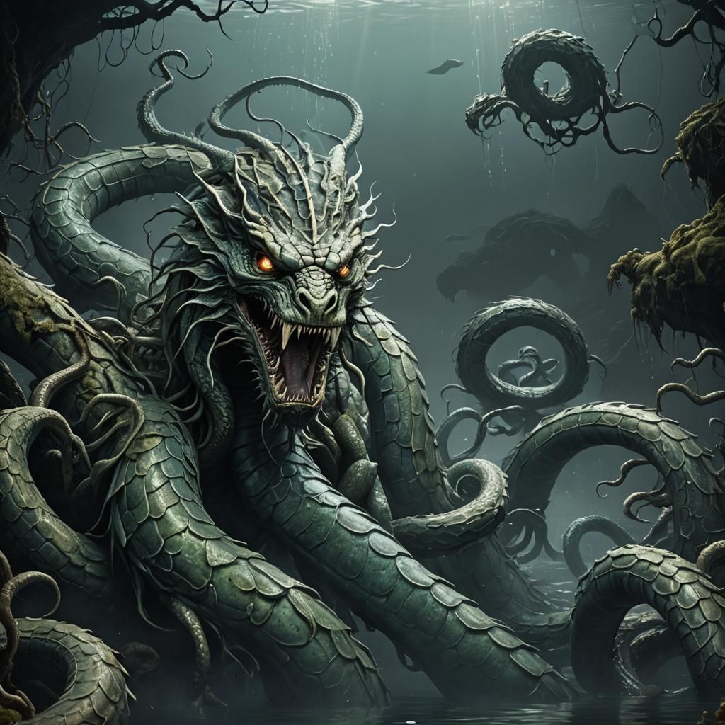Greek Hydra in Lake, Hyperrealistic Digital Art