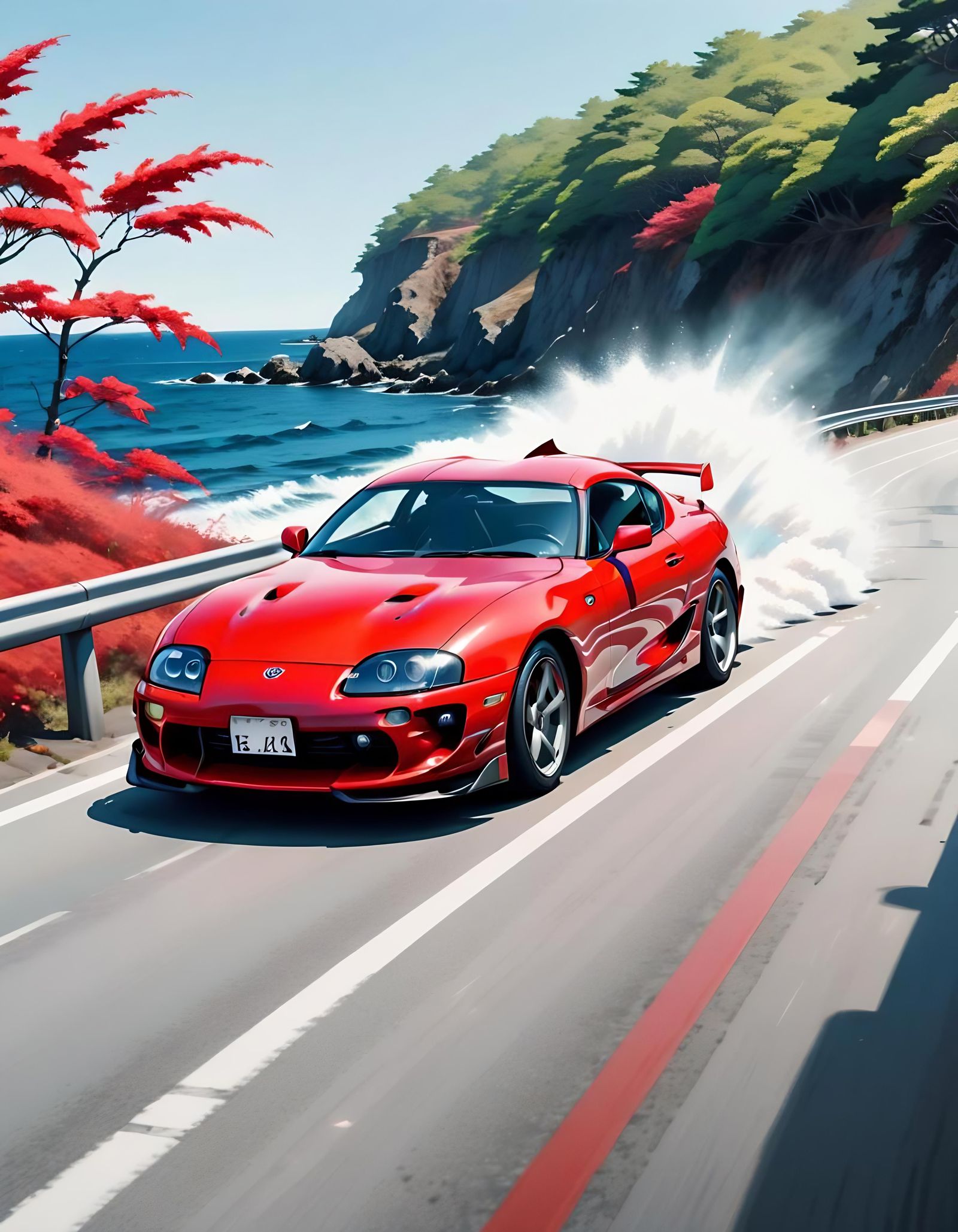 Red Toyota Supra Evading Police: Abstract Art