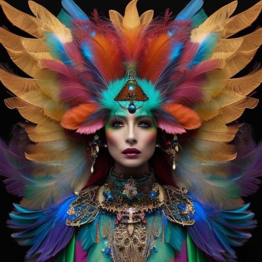 Holographic Astral Bird Person in Fantasycore Style