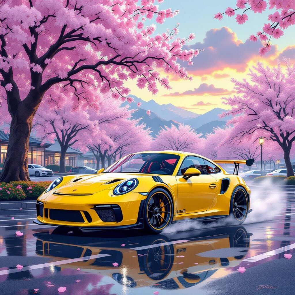 Yellow Porsche GT3 RS Drifts Amidst Ethereal Cherry Blossoms