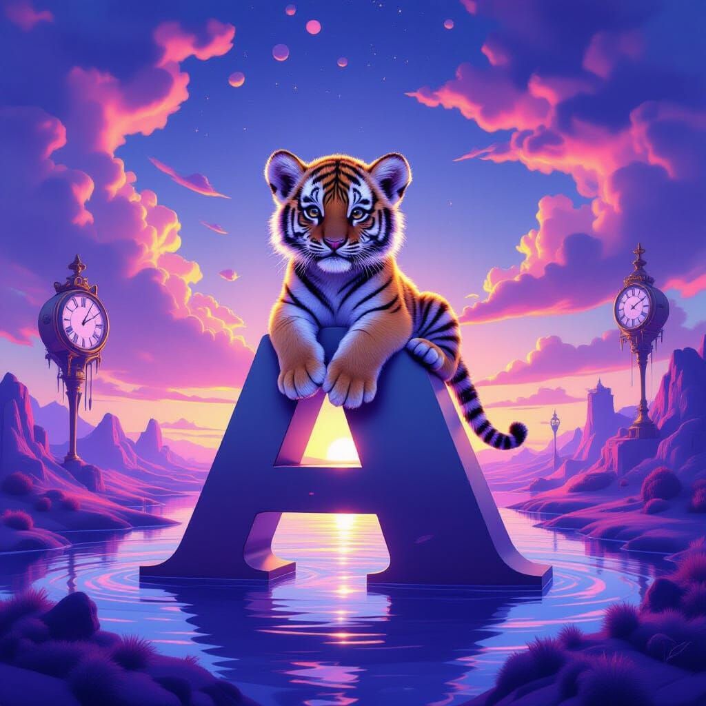 Tiger Cub on Floating 'A' in Dreamlike Sky