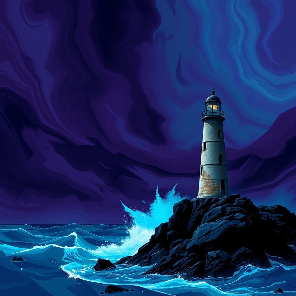 Lighthouse in Stormy Sea, Geometric Abstraction
