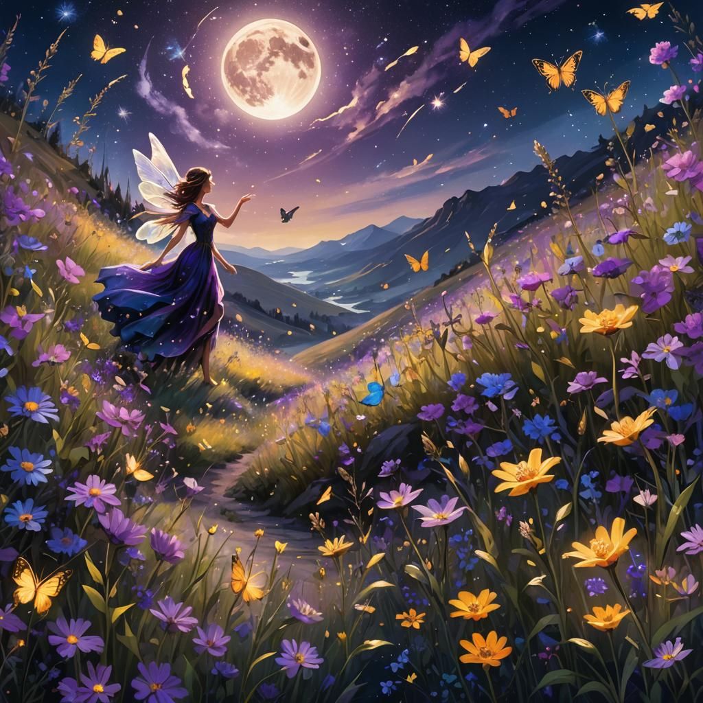 Dark Fantasy Meadow with Dancing Fairies