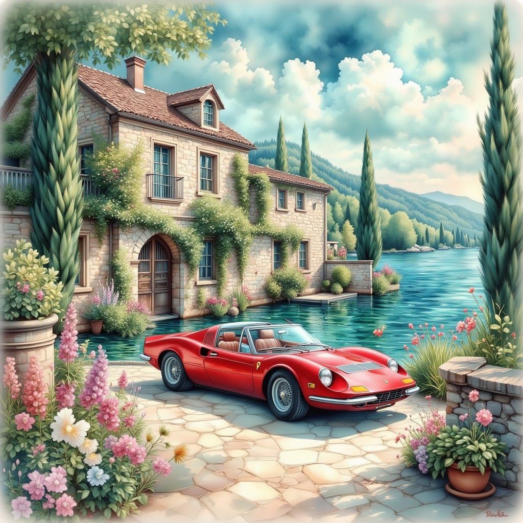 Red Ferrari at Italian Villa in Watercolor Style
