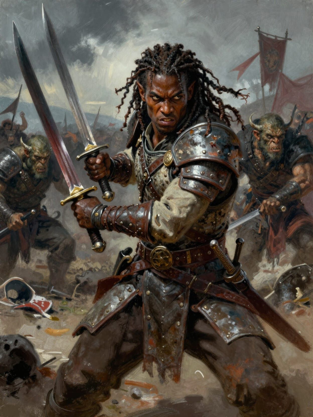 Fierce Half-Elf Warrior with Scimitars in Combat