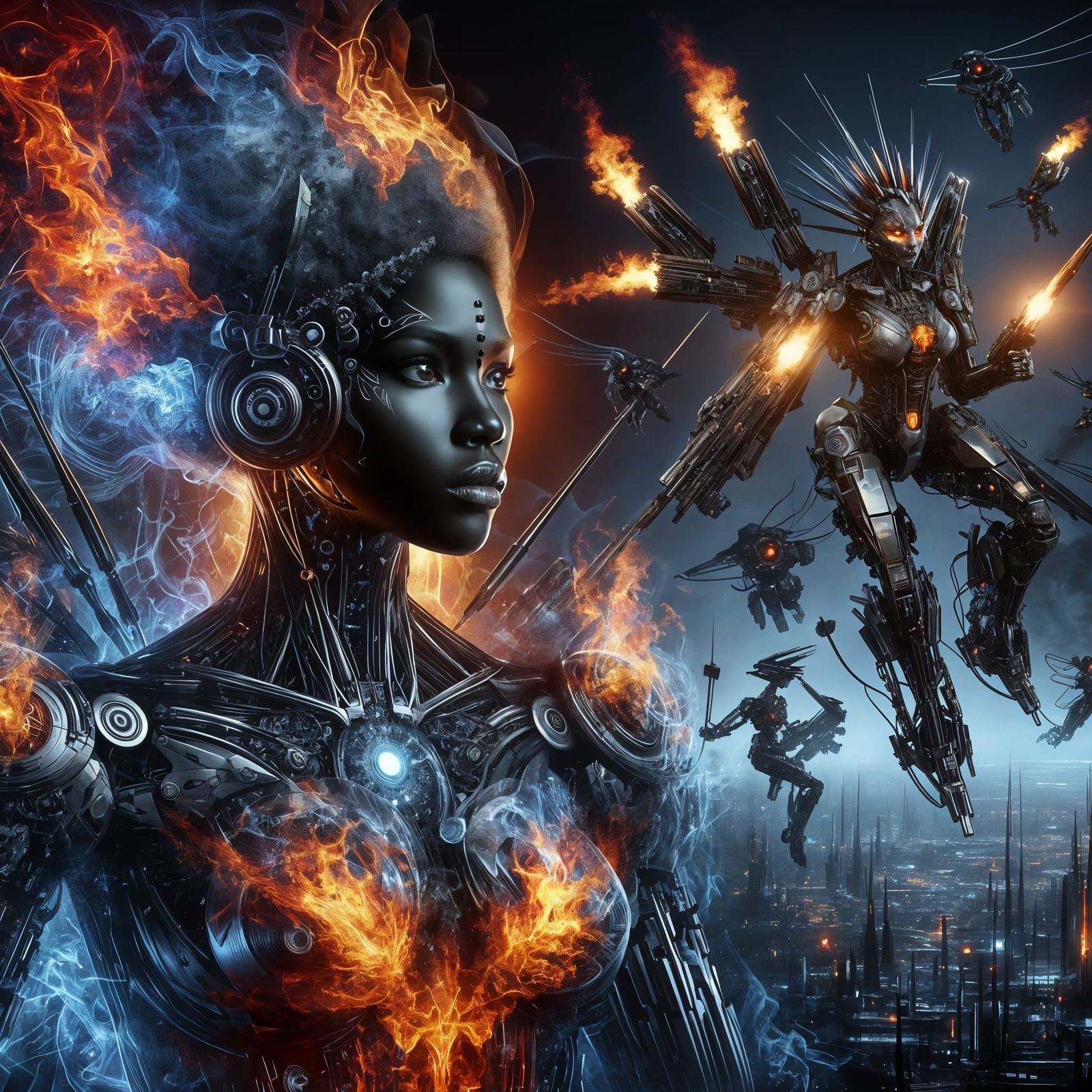 Fiery Mecha Cityscape with Black Woman Warrior