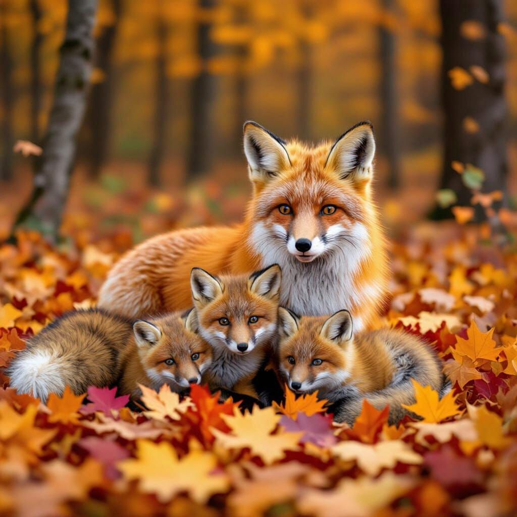 Red Fox Family in Autumn Forest