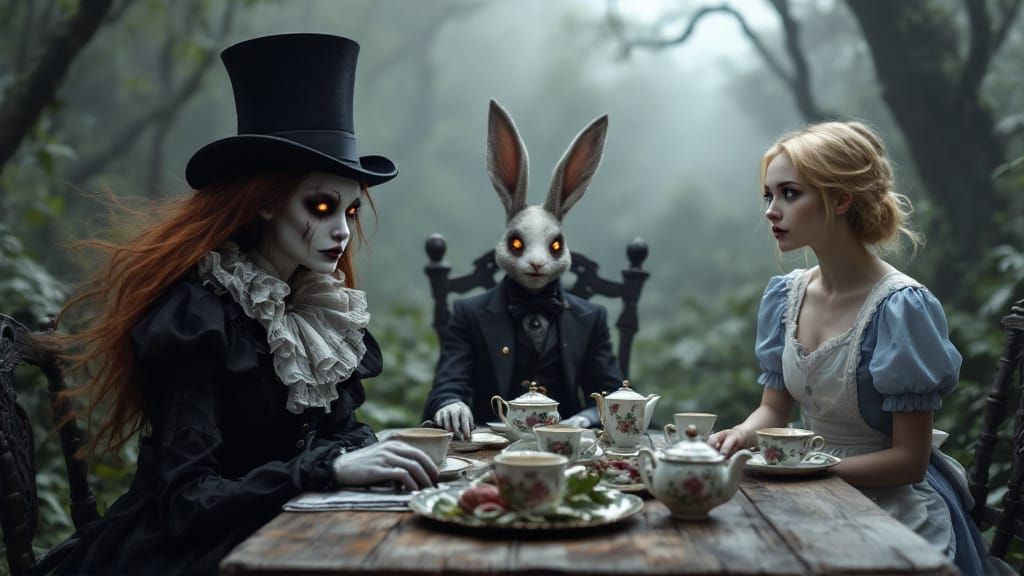 Gothic Tea Party in Misty Woodland Clearing