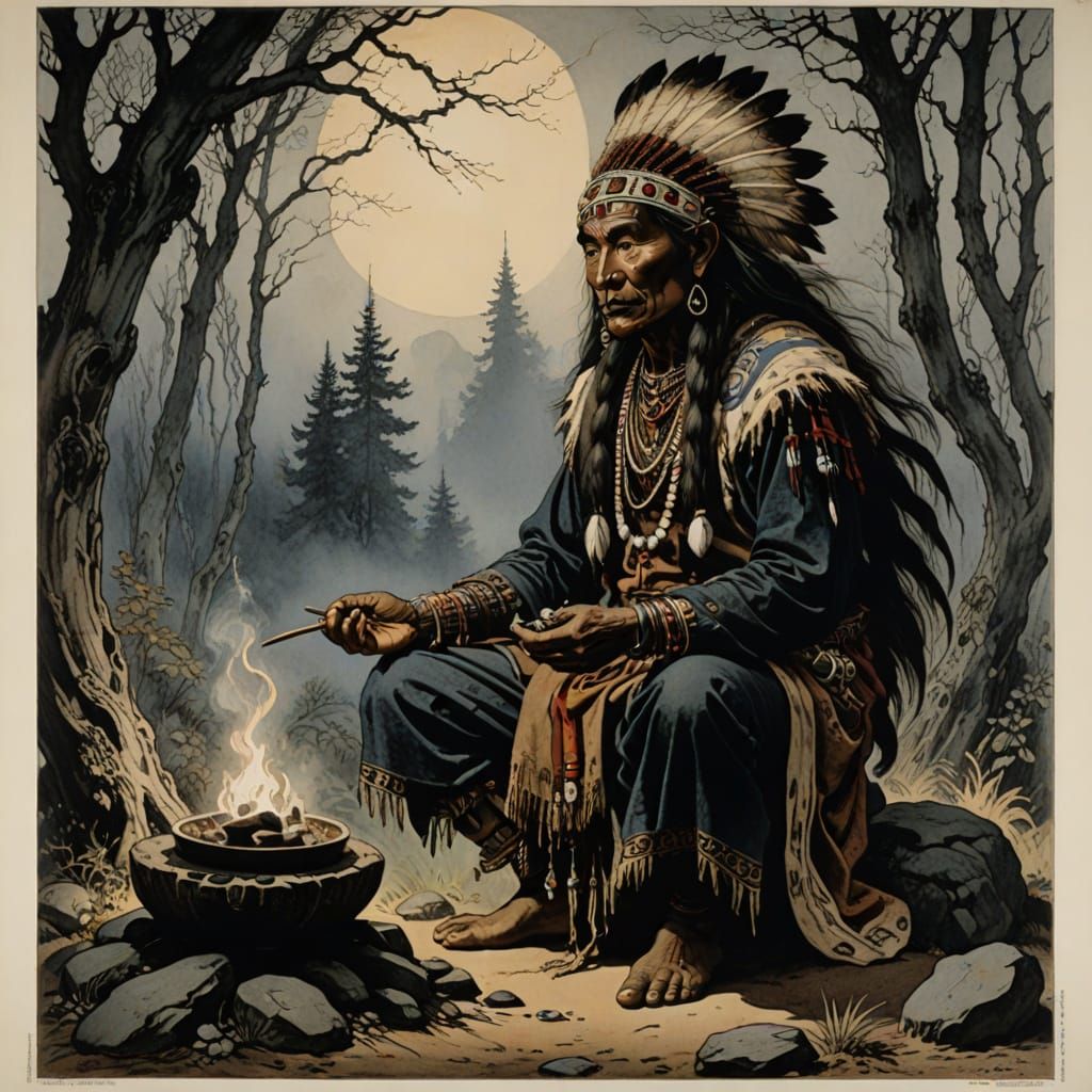 Mystical Indian Shaman in Lithograph Style