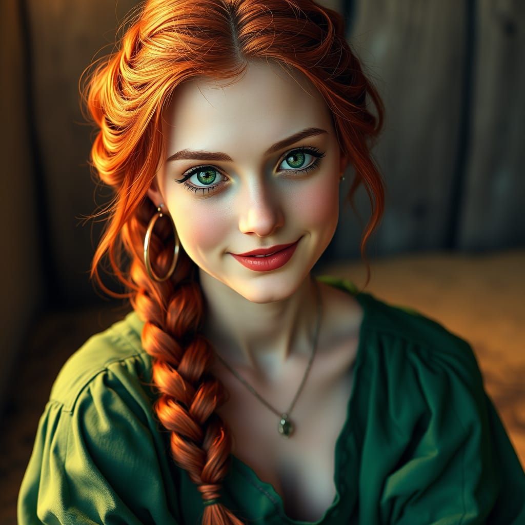 Serene Beauty in Medieval Green Dress